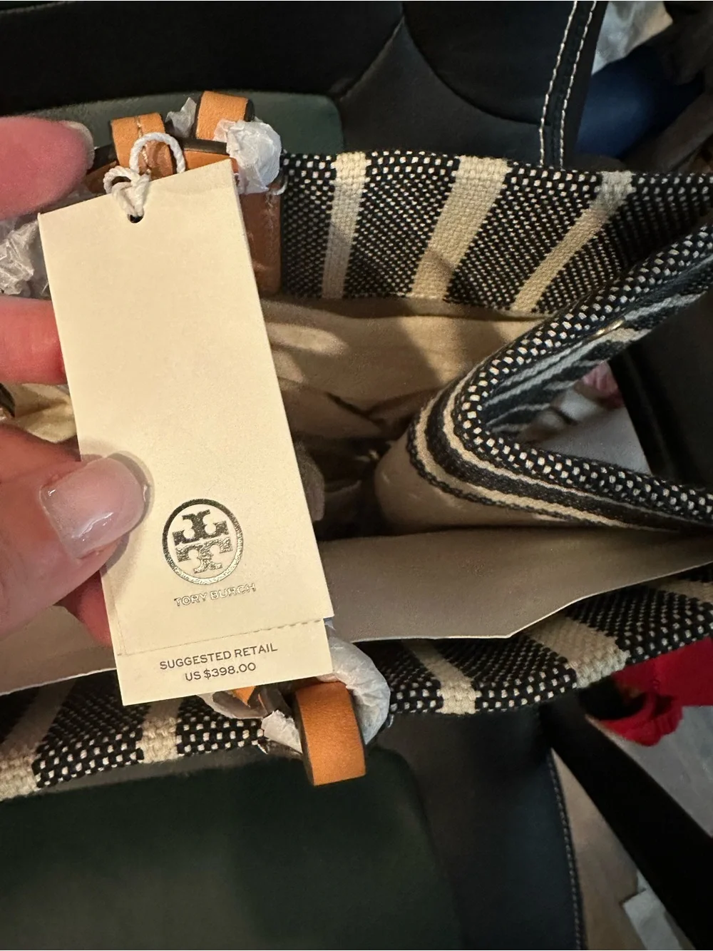RARE…Tory Burch Black and Tan Striped Ella Canvas Tote with Logo Medallion